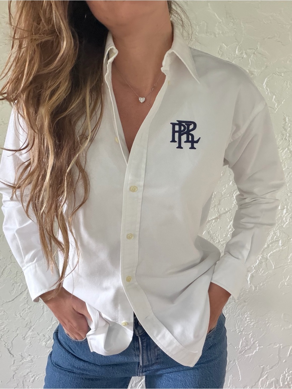 White Women’s Long-Sleeve Button-Down Shirt with Embroidered PRL Logo